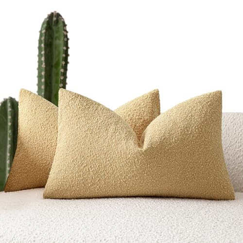 Image of Foindtower Pack of 2 Textured Boucle Throw Pillow Covers Accent Solid Decorative Lumbar Pillow Cases Cozy Couch Cushion Case for Chair Sofa Bedroom Living Room Home Decor 12x20 Inch Light Yellow