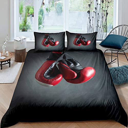 Loussiesd Boxing Comforter Cover Sports Theme Bedding Set for Boys Children Men Boxing Gloves Pattern Duvet Cover Stain Resistant Pugilism Games Room Decor King Size Quilt Cover 3Pcs