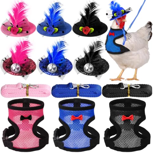Image of Zhanmai 9 Pcs Chicken Harness and Leash for Hens Funny Chicken Accessories with Leash and Hats for Hens Duck Goose Parrot Small Pet Harness Adjustable Training Walking Supplies (L)