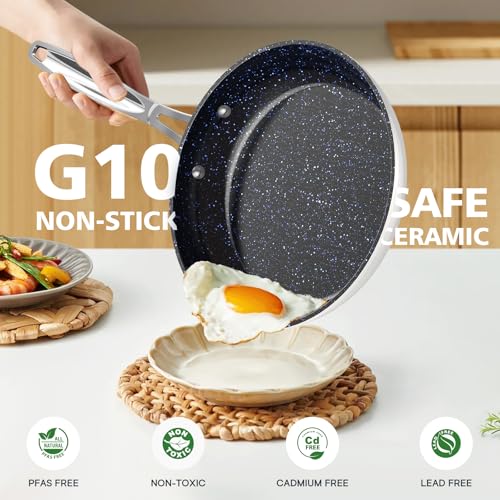 Image of Nuwave 3-Piece 8 inch, 10 inch, 12 inch Forged Lightweight Frying Pan Set | G10 Healthy Duralon Blue Ceramic Ultra Non-Stick, Ergonomic Stay-Cool Handles, Induction-Ready & Works on All Cooktops
