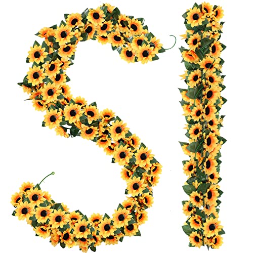 Waydress 8 Pieces Artificial Sunflower Garland Silk Sunflower Vine Faux Flowers With Green Leaves 8 Feet Sunflower Decor Hanging Artificial Sunflower For Wedding Table Garden Craft Party Decoration #TOP7