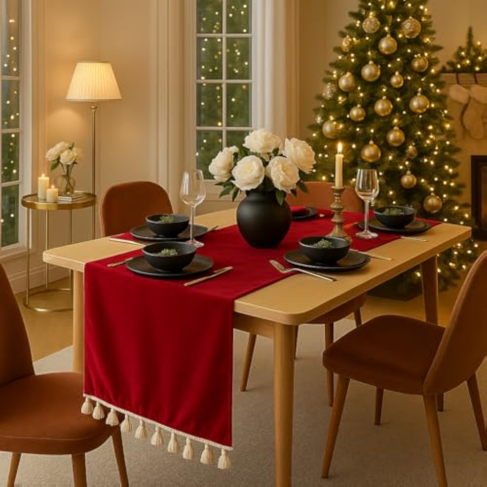 Red Velvet Christmas Decor Print Tassel Table Runner