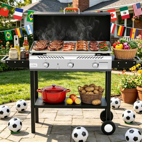 Image of 2-in-1 Propane Stove & Griddle Combo, 225,000 BTUs, Steel Cooking Surface | Outdoor Cooking Stove with Auto Ignition Button, Flat Top Grill, Outdoor Gas Griddle with Rolling Wheels