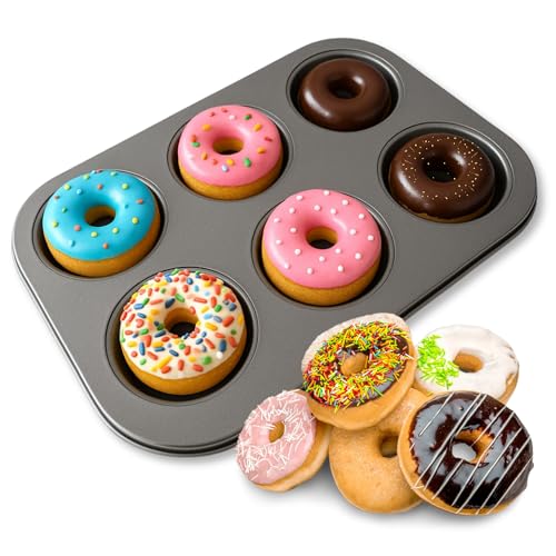 CHEFZOCO Molde para Donut, Molde para Bagels, bandeja para hornear rosquillas, Soporta hasta 250ºC, Acero con revestimiento Antiadherente, libre de PFOA, Diámetro 8.5 cm cada donut