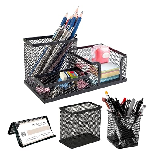 4-Pcs-Set-Mesh-Pen-Holder-for-Desk-Pencil-Holders-Desk-Organizer-Office-Supplies-Caddy-Sticky-Notes-Cards-Phones-Stationery-Holder-for-Office-School-Home-Black