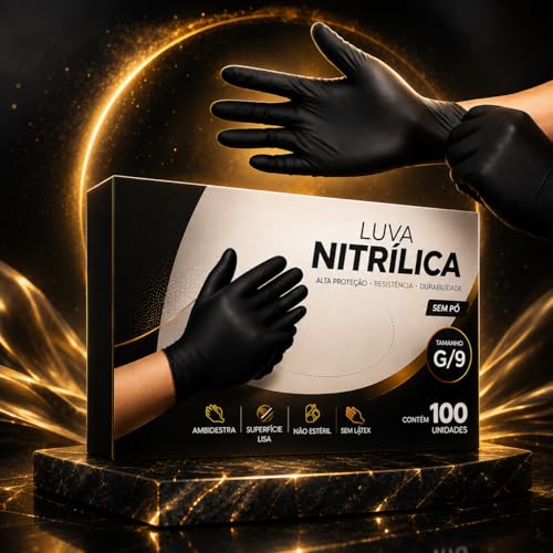 Luva Nitrilica Preta Linha Super Premium Totalmente Sem Pó Antiderrapante Moderna Com 100 Unidades Descartável | P M ou (G)
