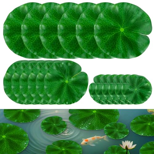 RAINFLOW 18PCS Lily Pads for Ponds Artificial Pond Plants Floating Flowers for Pool Aquarium Plants Lotus Flower for Fish Koi Pond Accessories for Outdoor Ponds Patio Pond Decorations 3Sizes
