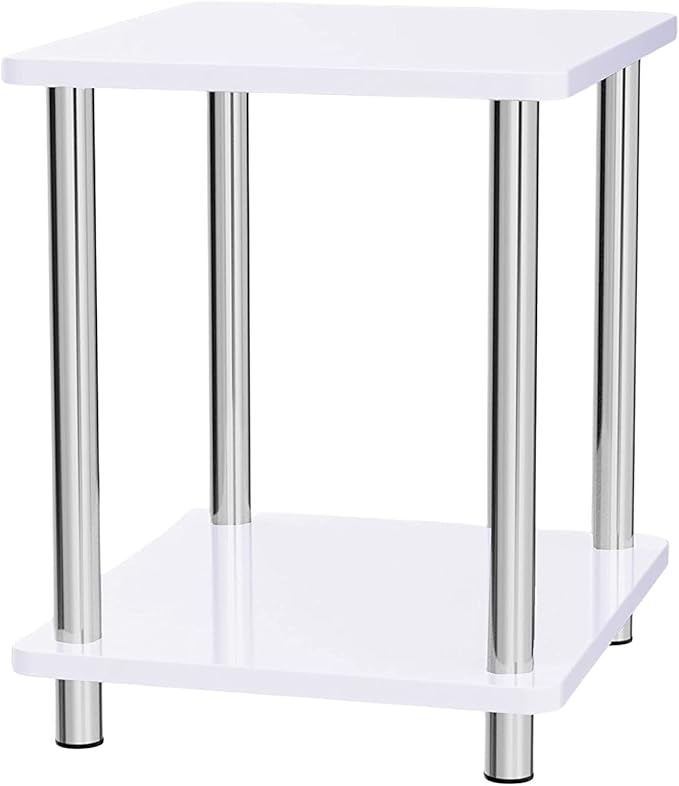 AAMEN Living Room Small White Side Table With Metal Legs 2 Tier White