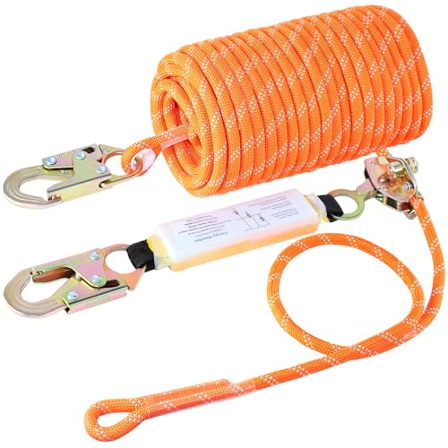 Image of Fall Protection Safety Rope 50FT, Heavy Duty Vertical Lifeline Assembly with Grab Snap Hooks Shock Absorber, Safety Lanyard for Roofing Tree Climbing Construction