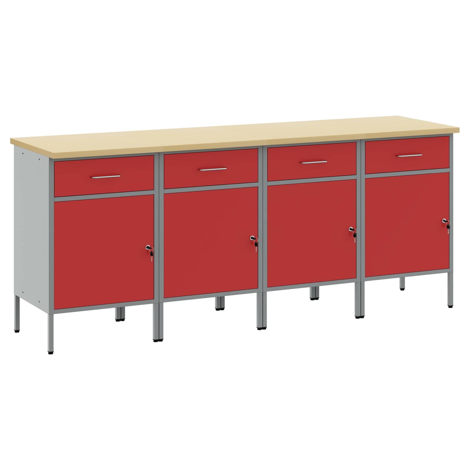 Banco da lavoro industriale da 200 cm con cassetti, 4 pezzi, banco da lavoro rosso grigio, 200 x 55 x 85 cm, armadio da officina in legno e acciaio con design loft