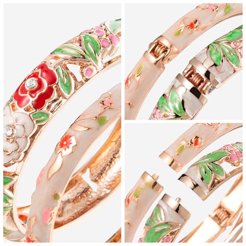 Image of UJOY Womens Multi-colors Cloisonne Bracelet Gold Plated Flower Hollowed Enameled Hinged Cuff Bangles Jewelry Gift 88A10