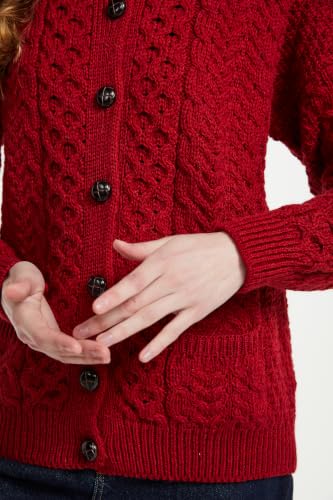 Image of Aran Woollen Mills Achill Women's Irish Cable Knit Aran Cardigan, 100% Merino Wool, Made in Ireland, Cream