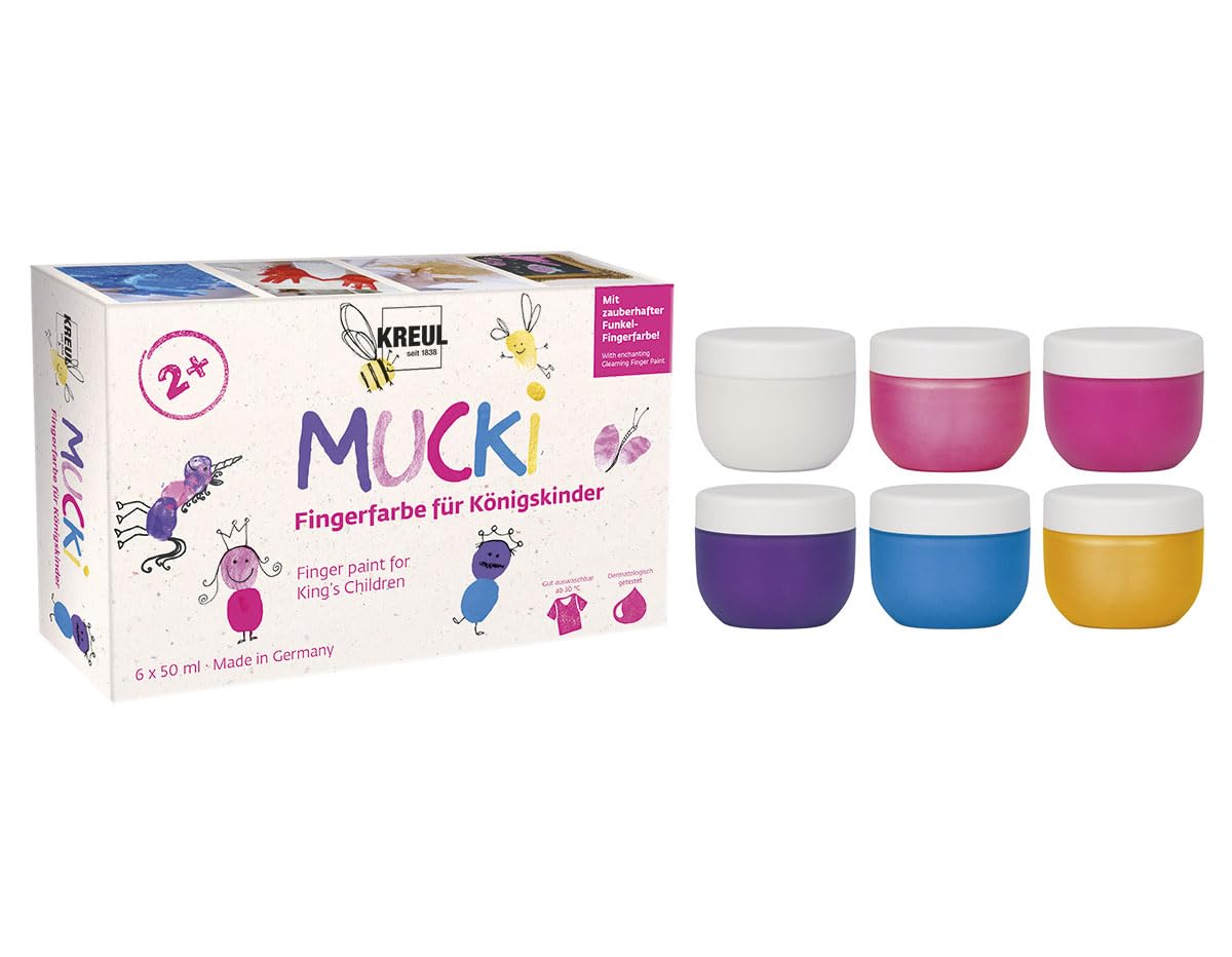 KREUL 23051 - Pintura de dedos Mucki para niños reales, 6 x 50 ml en blanco, rosa polvo de hadas, rosa, morado, azul, tesoro dorado, sin parabenos, sin gluten, sin lactosa, vegano, lavable