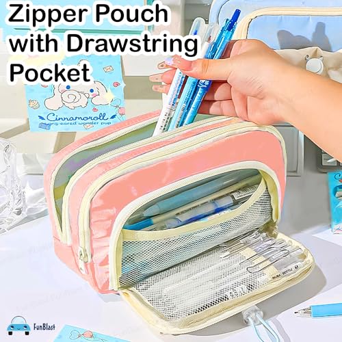 Image of FunBlast Pencil Pouch for Girls - Multiple Compartment Zipper Pouch with Drawstring Pocket, Aesthetic Pouch for Girl, Kawaii Pencil Case, Cute Pouches for Girls, Return Gift for Kids (Pink)