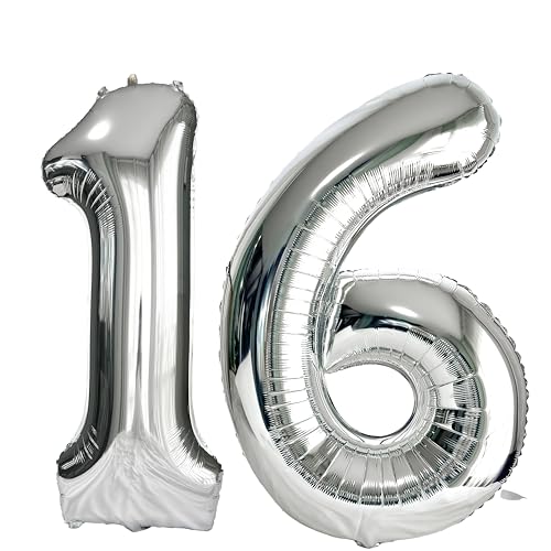 FIROMI 16 Number Balloons Silver Big Giant Jumbo Huge Foil Mylar 61 Balloon Numbers for 16th Birthday Party Anniversary Decorations 40-inches