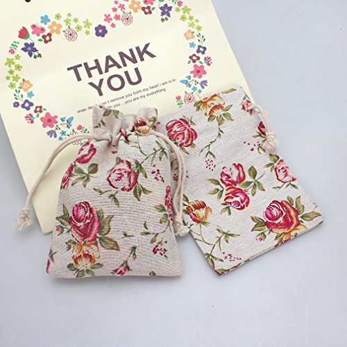 Fasoty Lot Of 24 Rose Drawstring Burlap Bags Flower Pouches Bags Linen Gift Bags Floral Jewelry Pouch Jute Sacks For Wedding Favor Party Gifts, Bridal Shower, Birthday, Diy Craft, 3.7X5.2 Inch #TOP6