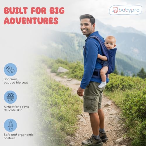 Image of BabyPro Baby Carrier Hip Seat with 9 Carry Positions for 6 to 24 Month Baby | Breathable Fabric, Adjustable Padded Straps, Ergonomic Design for Parent