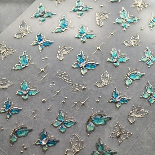 Image of Butterfly Nail Sticker for Nail Art Blue Green Ombre Nail Art Stickers 5D Embossed Rhinestone Design Supplies Jelly Butterfly Stickers for Nails Manicure Decorations