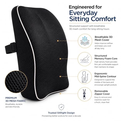 Image of Grin Health Posture-Correcting Backrest Cushion for Office Chair | Mid-Spine Support for Upright Sitting | High-Density Memory Foam | Orthopedic Back Support for Back Pain Relief, Black