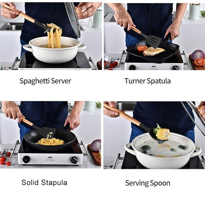 Image of Silicone Kitchen Spatula and Utensils Spoon Set Cooking + Baking Set- 12 Pcs Non-Stick with Wooden Handle-BPA Free, Heat Resistant Item, Flexible Non Toxic Silicon Cookware Tools