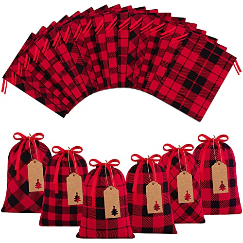 Aneco 24 Pack Mini Christmas Cotton Present Gift Bags Buffalo Plaid Drawstring Gift Bags Santa's Red and Black Plaid String Bags for Xmas Games Party Supplies, Candies Snacks, Mini Size 7.9 x 5.9 Inch