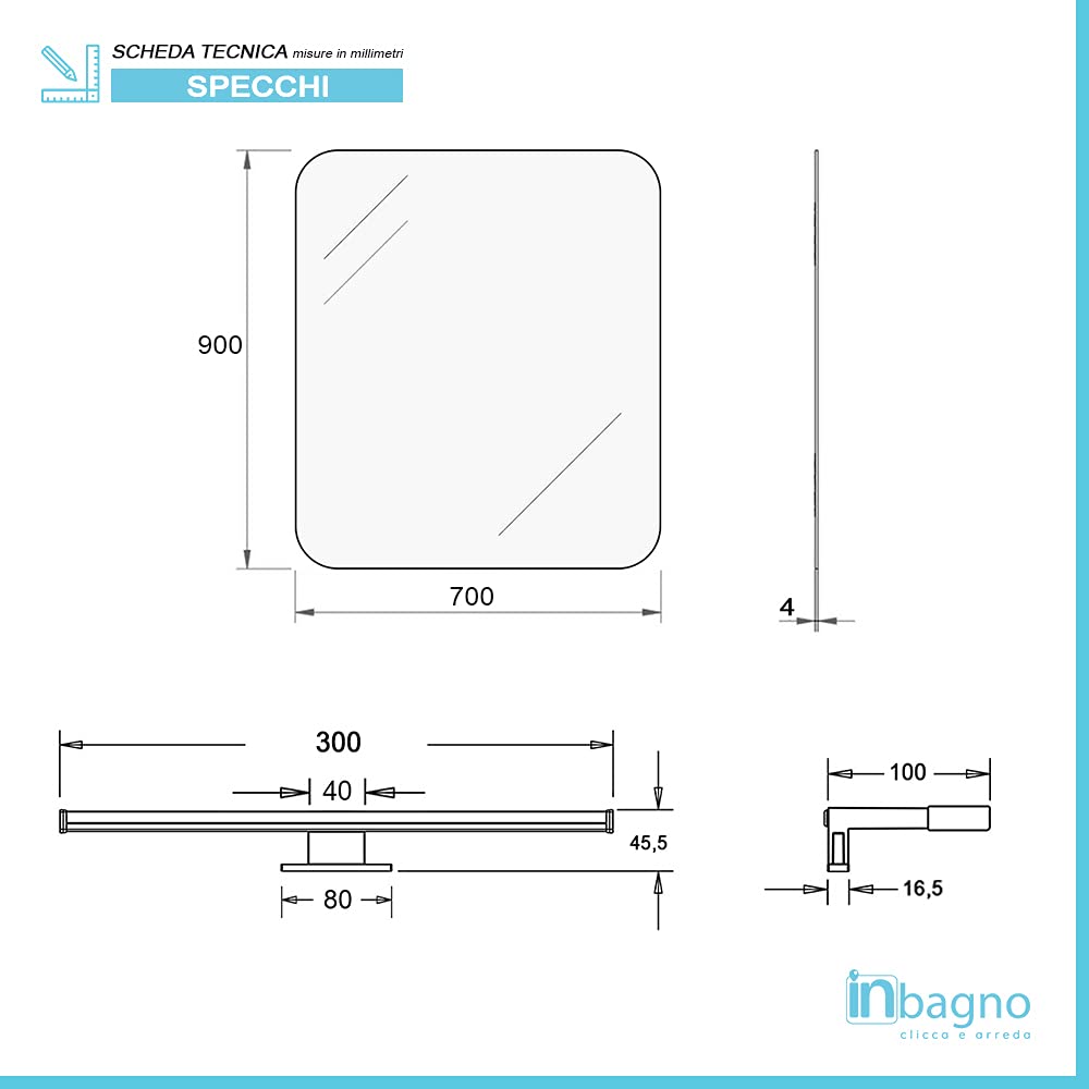Inbagno Specchio Bagno 70x90 cm con Lampada, Installazione Reversibile, Completa di LED Luce Fredda 30 cm a Risparmio energetico