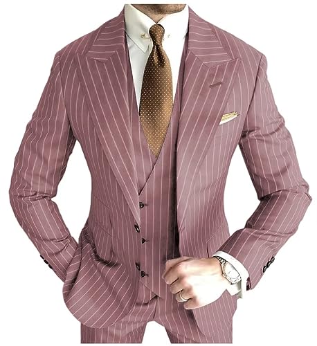 HZUOU Peak Lapel Striped Mens Suits Regular Fit Single Breasted Wedding Tuxedos for Men Groom 3 Piece Blazer Pants Set UOU31