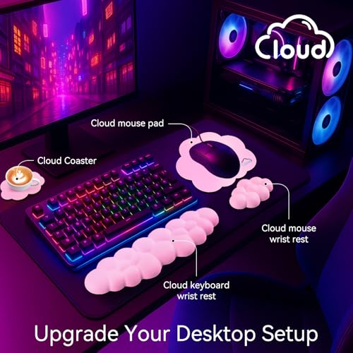Image of Sushret Cloud Wrist Rest for Computer Keyboard, 4-in-1 Memory Foam Leather Cloud Keyboard Wrist Rest and Mouse Pad Set with Ergonomic Support for Arm and Palm Cushion, Gaming /Work Setup, Pink | Memory Foam, Leather, 4-in-1 Cloud Keyboard Wrist Rest Set with Ergonomic Support for Arm and Palm Cushion, Gaming /Work Setup