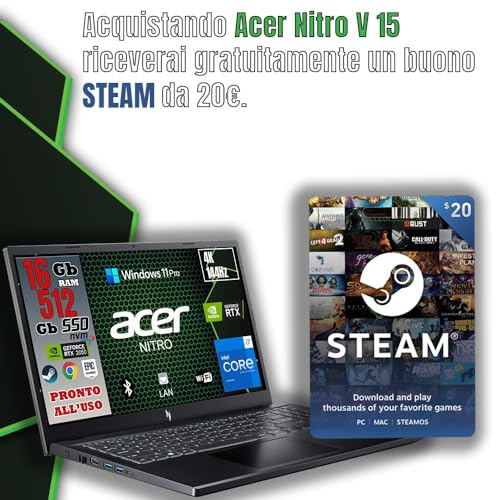 NITRO V15 Notebook Gaming, Processore Intel I7-13620H, RAM 16Gb Ddr5, 512Gb SSD, 15.6 144HZ IPS, Nvidia GeForce RTX 2050 4 GB GDDR6, Win 11 Pro, Tastiera Retroilluminata, Preconfigurato. - Notebook - Immagine 2