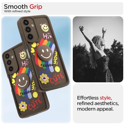 Image of Outlouders Back Cover for Samsung Galaxy M13 4G | Cute Rainbow Smile 3D Cartoon Flower | Soft Silicone Raised Camera Protection Bumper Case (Brown)