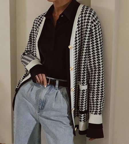 Image of Women's Houndstooth Knit Cardigan Sweater V-Neck Button-Down Jacket with Pockets