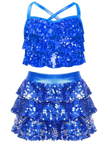 Hansber Kids Girls Sequin Cheerleading Dance Outfits Dress Metallic Crop Top with Skirt Set Jazz Latin Hip Hop Costume Blue 12 Years