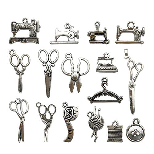 Youdiyla 68 PCS Silver Sewing Charms Collection - Mix Antique Scissor Pipe Yarn Clew Button Pendant Metal Supplies Findings for Jewelry Making (HM3)