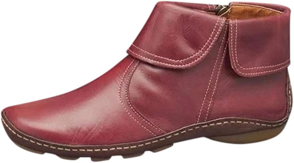 Ankle Booties for Women Hessimy Womens Walking Arch Support Boots Leather Comfort Damping Shoes Retro Side Zip Platform Wedge Booties Casual Shoes Red