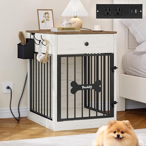 Hzuaneri 24'' Dog Crate Furniture with Charging Station, Dog Kennel Indoor with Flip-Top Storage, Wooden Pet Cage Dogs House End Side Table for Small Dogs Anti-Chew Anti-Escape, White Brown DFC90114B