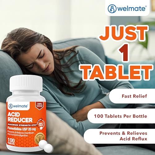 Image of WELMATE - Famotidine Acid Reducer, 20mg - Maximum Strength - Heartburn Relief - Acid Indigestion - Stomach Relief - Works in 15 Minutes, 12 Hour Relief - Generic Medication - Value Size - 100 Tablets