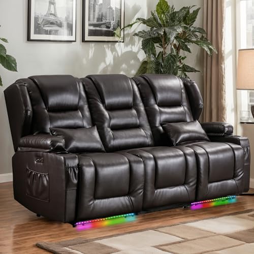 Image of DRMBOOK RV Power Loveseat Recliner Sofa, Faux Leather 3-Seater Wall Hugger Reclining Sofa, Home Theater Seating Chairs with Cup Holder, 3 Person Couch RV Furniture for Living Room, Brown