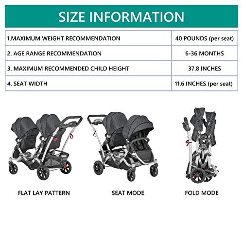 Image of Dream On Me Track Tandem Double Umbrella Stroller in Slate, Lightweight Double Stroller for Infant and Toddler, Multi-Position Reversible & Reclining Seats, Large Storage Basket and Canopy