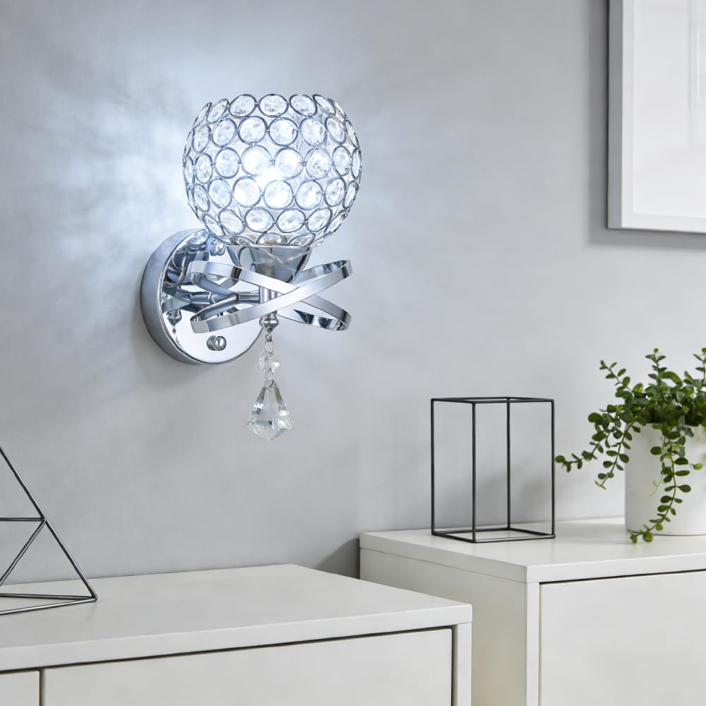 XINYASEE Modern Chrome Crystal Wall Sconce, Decorative Globe Crystal Wall Light with Hanging Pendant, Hardwired Wall Lamp for Bedroom Living Room Bathroom Vanity