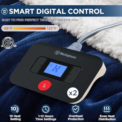 Westinghouse Electric Blanket King, Heated Blanket King Size with 10 Heating Levels and 1 to 12 Hours Heating Time Settings, Flannel to Sherpa Reversible, Machine Washable (90" x 100", Navy)