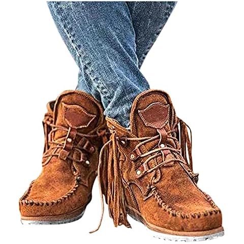 Damen Stiefeletten Veloursleder Niedrige Absätze Rom Boots Vintage Fransen Stiefel Plateau Ankle Boots Knöchelstiefel Winter Schlupfstiefel Flach Schuhe Cover