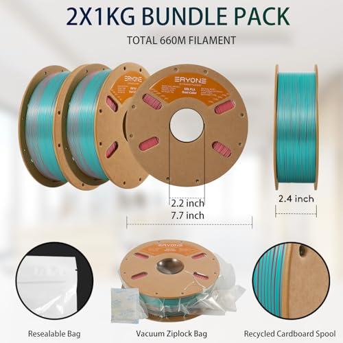 Image of ERYONE Silk Dual Color PLA Filament 3D Printer 1.75mm + /- 0.03mm, Bicolor Filament Two Tone PLA Bundle 2KG Cardboard Spool, Teal&Orange Red