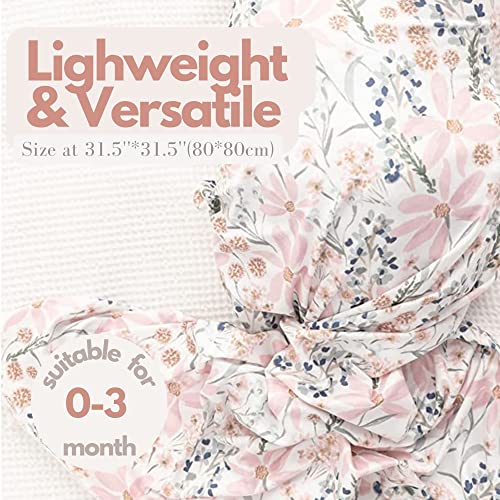 Image of Newborn Baby Girl Receiving Blanket Swaddle Blanket Stretchy Knit Swaddle Set with Matching Headband and Beanie with a Name Card (Golden Floral)
