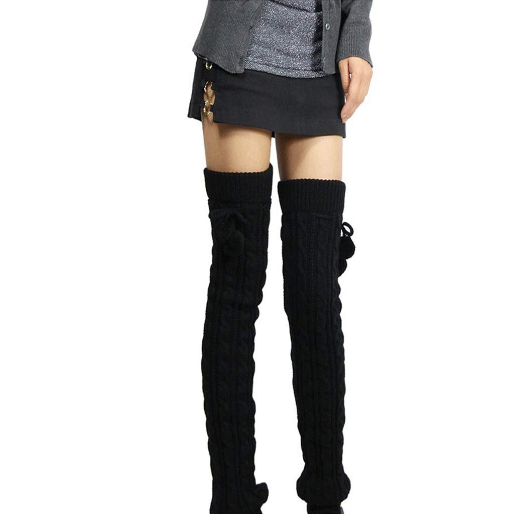 Vaeiner Leg Warmers, Women Girls Winter Braided Cable Knit Thigh High Long Leg Warmers Solid Color Crochet Thermal Boots Cuff Socks with Pompom Ball