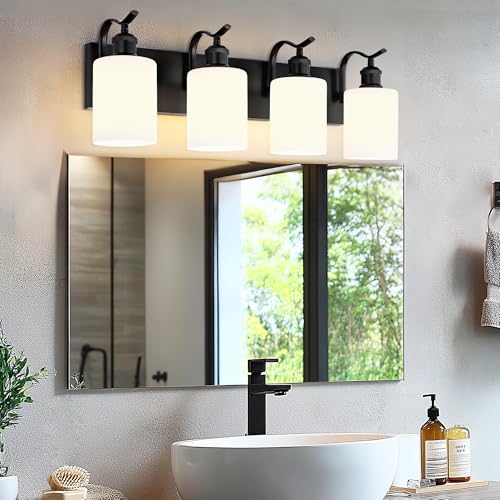 Image of Black Vanity Light, 4-Light Bathroom Light Fixture, Modern Wall Sconce with Milk Glass, VL01BKW-4