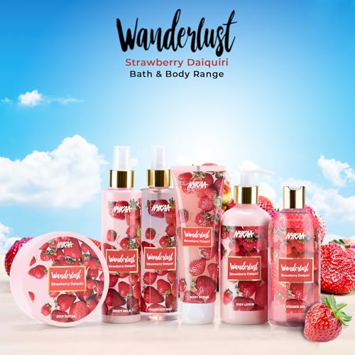 Image of Wanderlust Strawberry Daiquiri Shower Gel, 250 ml| Nourishes & Hydrates| Gentle Cleanser| Sweet Smell of Strawberry |Enriched With Aloe Vera| Paraben-Free, Vegan Formula| Suitable for All Skin Types | Nourishes & Hydrates, Enriched With Aloe Vera, Paraben-Free, Vegan Formula, Suitable for All Skin Types