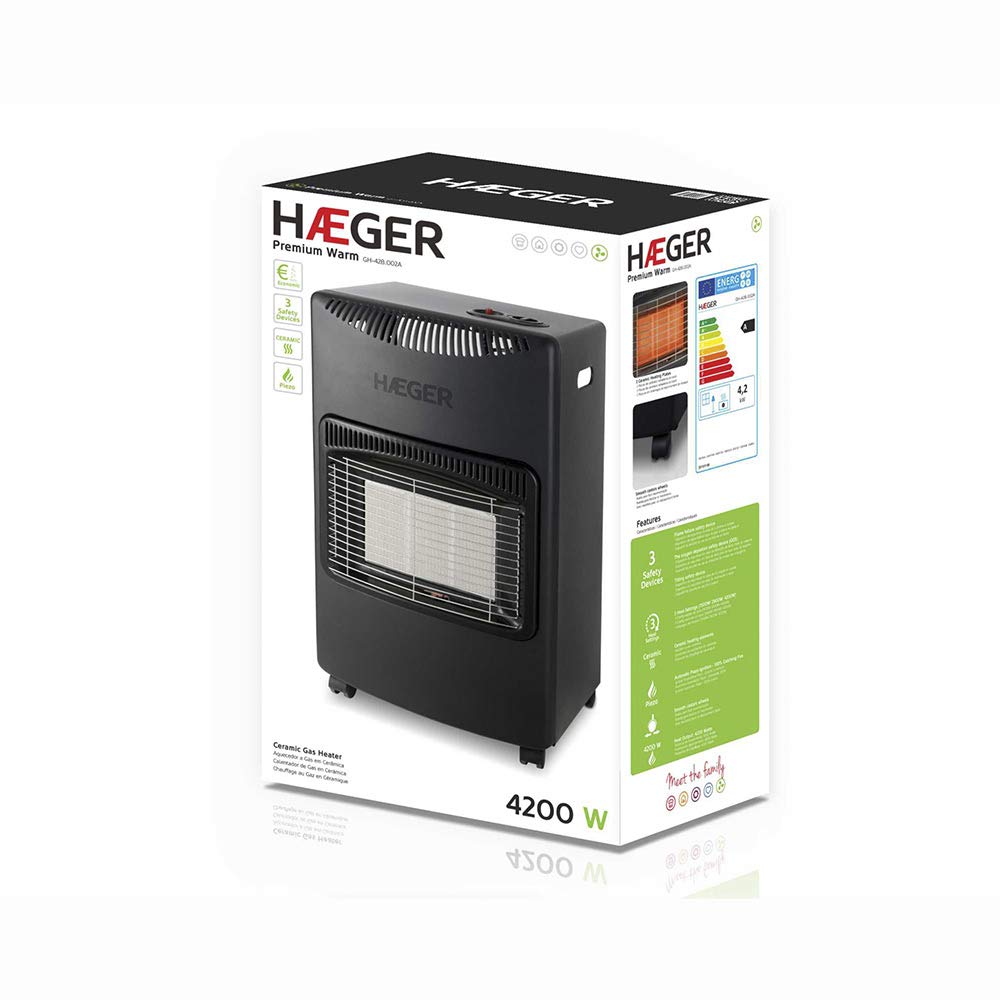 HAEGER Premium Warm - Estufa de Gas Butano y Propano, Cerámica, 4200W, 3 Niveles de potencia, Triple sistema de seguridad