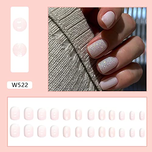 24 Pcs Short Press On Nails Cute Square Fake Nails, Glitter Glue On Nails With Design Full Cover Stick On Nails Light Pink Acrylic Nails Glossy Artificial False Nails For Women And Girls Diy Manicure #TOP5