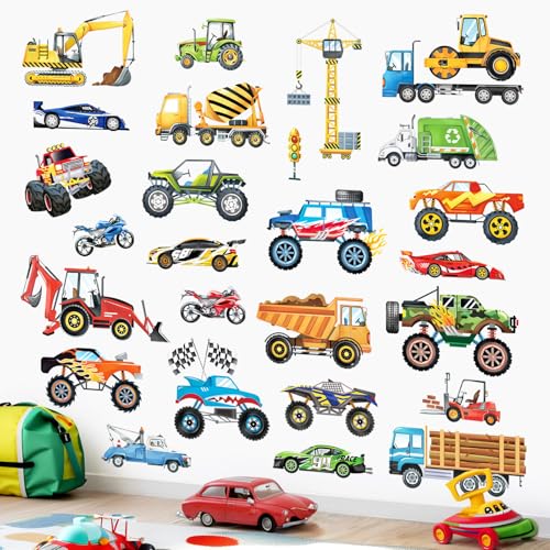 decalmile Cars Wall Decals Construction Transports Vehicles Racing Cars Wall Stickers Boys Room Kids Bedroom Toddles Playroom Wall Decor