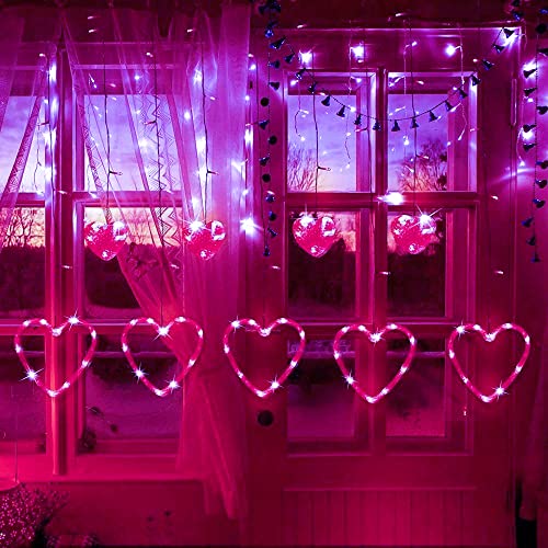 ADLOASHLOU 12 Corazón 138LED Cortina Luces 3.5M x 80cm Luces de Hadas Cortina de Luz, Cortina de Luces LED con 8 Modos de Luz Decoración de Festivales, Cadena de Luz para Interior y Exterior Red Cover